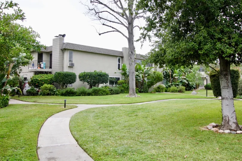 The excellent garden with beautiful home shows the lot of trees, plants and beautiful lawn with pathway in the community of Brighton Terrace