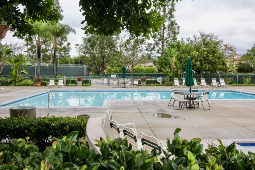 Large swimming with expansive pool deck area with plenty of privacy greenery and mature trees at the Orchards