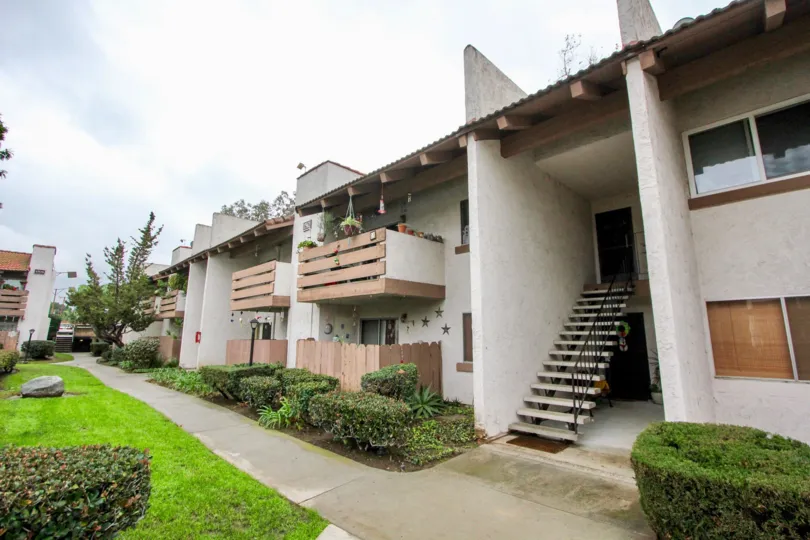 View of the front entry and balconies of residences located in Quail Meadows in Tustin, California.