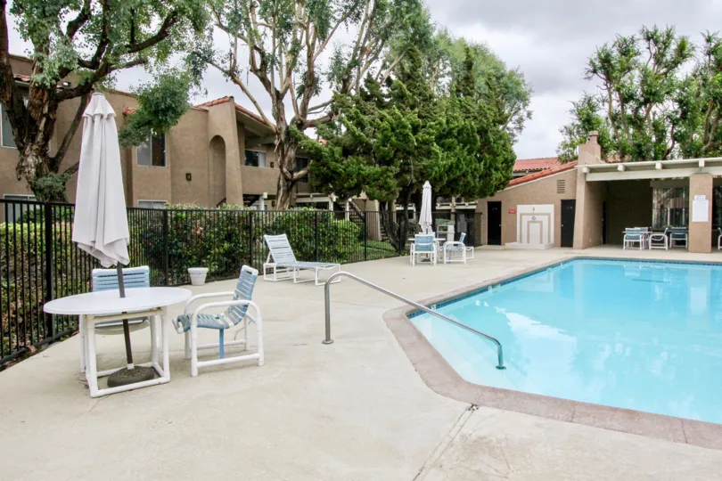 THE APARTMENT IN THE RANCHO SAN JUAN WITH THE TABLES, SWIMMING POOL, PLANTS, TREES
