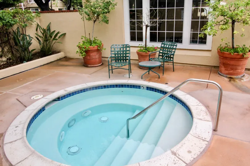 THIS IMAGE REPRESENTS THE SMALL SWIMMING POOL WHICH IS IN THE INSIDE THE HOUSE, THAT HAS NEARBY PLANTS AND CHAIRS IN THE CITY OF TUSTIN