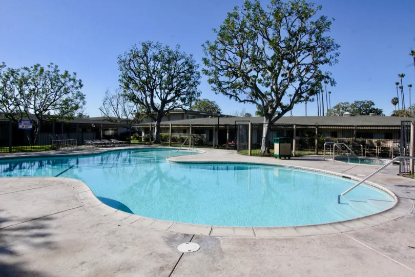 THE SWIMMING POOL IN THE TUSTIN ACRES WITH THE TREES, GRASSLAND, CHAIRS
