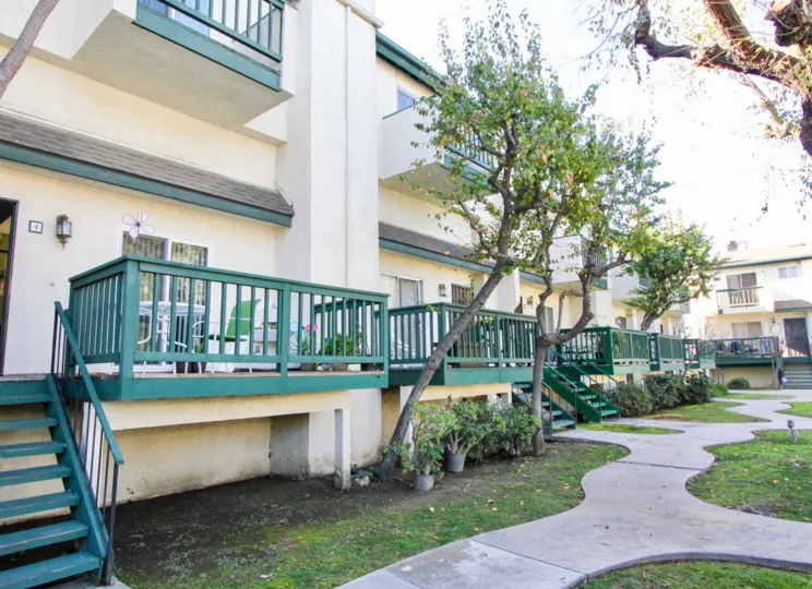 A housing complex with two storied row houses with a garden