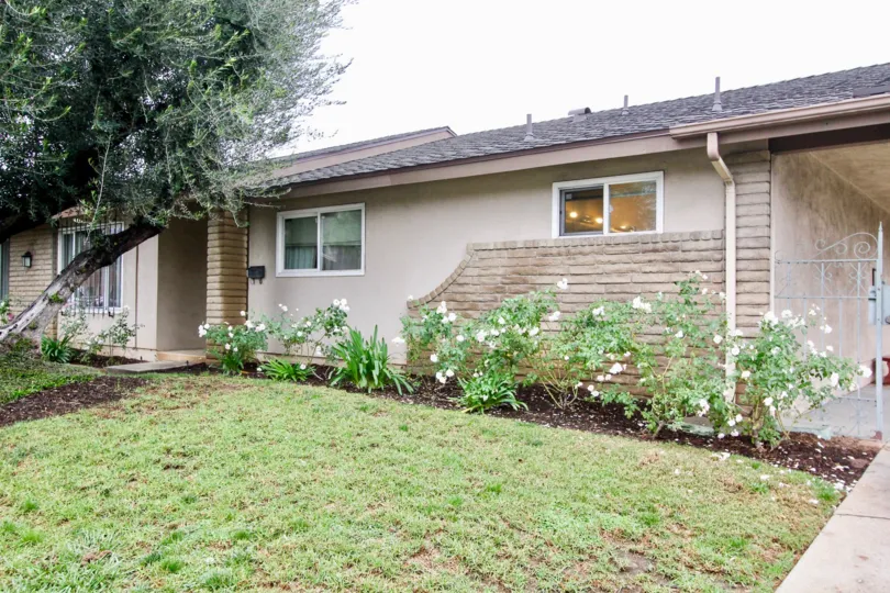 THE HOUSE IN THE TUSTIN VERDES WITH THE WHITE COLOUR FLOWER PLANTS, GATE, TREES