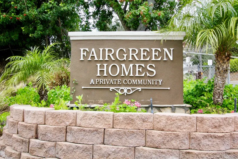 a beautiful entrance sign to Fairgreen Homes community in Yorba Linda, California.