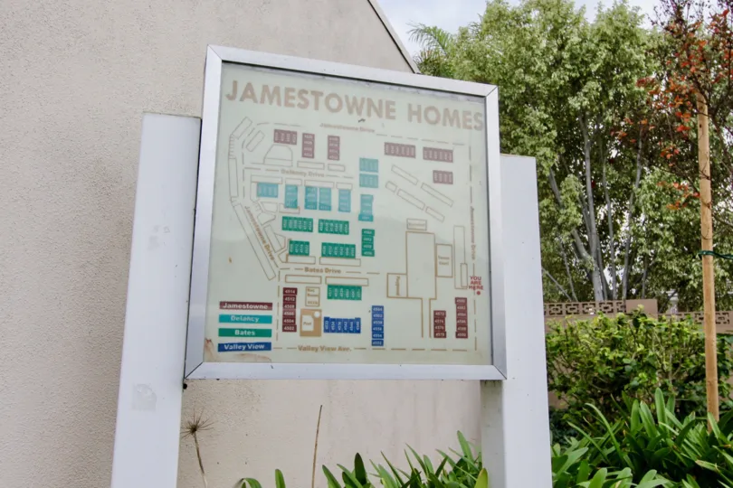 Map for the Jamestowne Homes Homes community with trees and other plants.