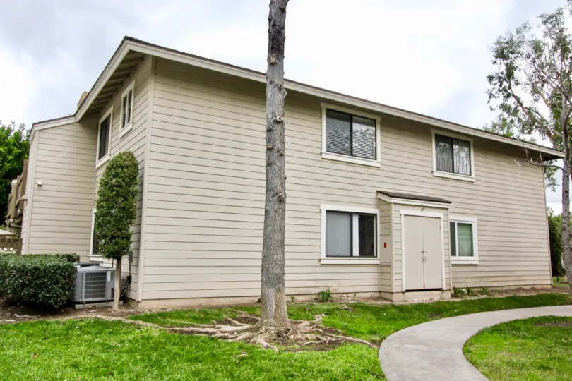 A home in Kellogg Terrace in Yorba Linda, California with a tall, branchless tree and sidewalk.