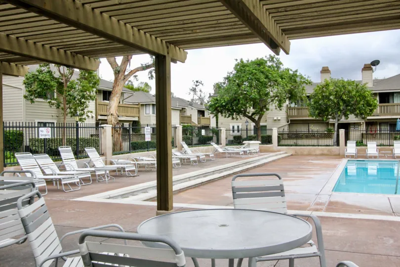 Swimming pool are present with seating chair for relaxing and with dinning tables and trees in Kellogg Terrace