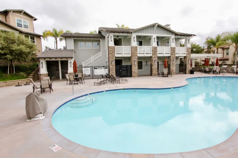 Cloudy day at community pool in Palisades at Vista Del Verde.