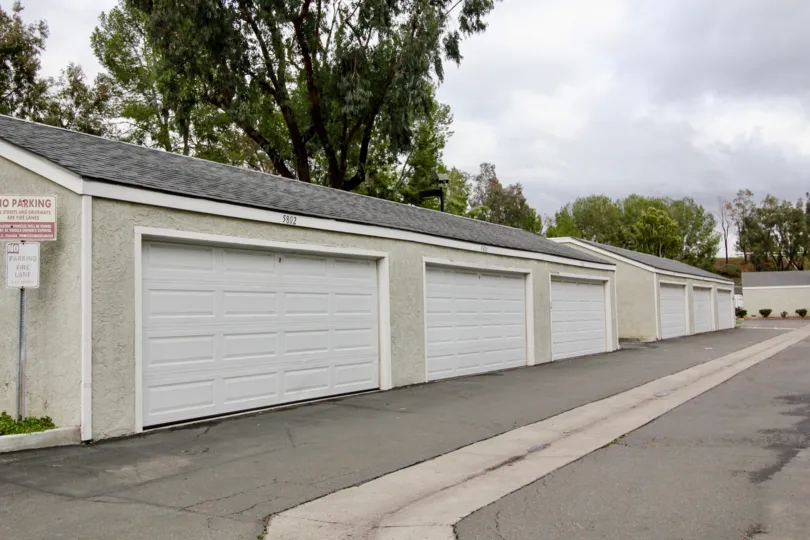 A cloudy day in the Yorba Linda Villages with a parking area.