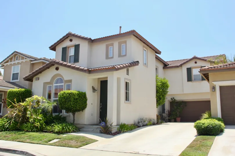 Exterior of a two-story single family home in the Carlisle community in Corona, California.