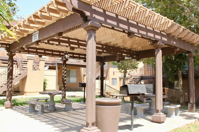A beautiful Pagonia over the tree-lined outdoor picnic area at Contadora in Corona, California
