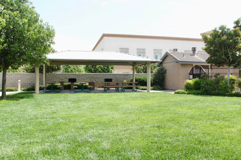 a shed with table are placed in front of house to sit and relaxed in sunny day mrning