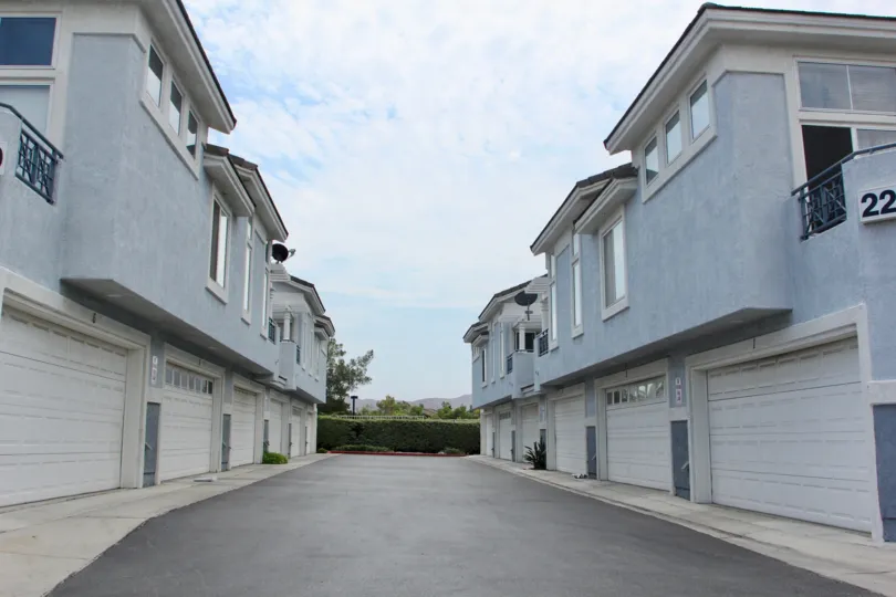 A gray driveway sits between two large apartment complexes inside Laing's first edition.