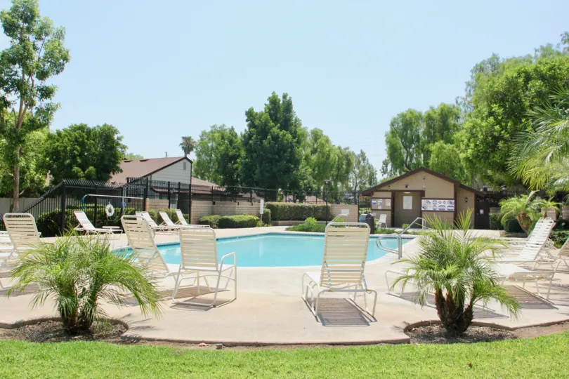 A beautiful view poolside on a sunny day outside of Laurelwood located in Corona, California.