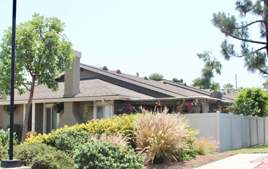Garden View of a house with beautiful grass, trees and flowers