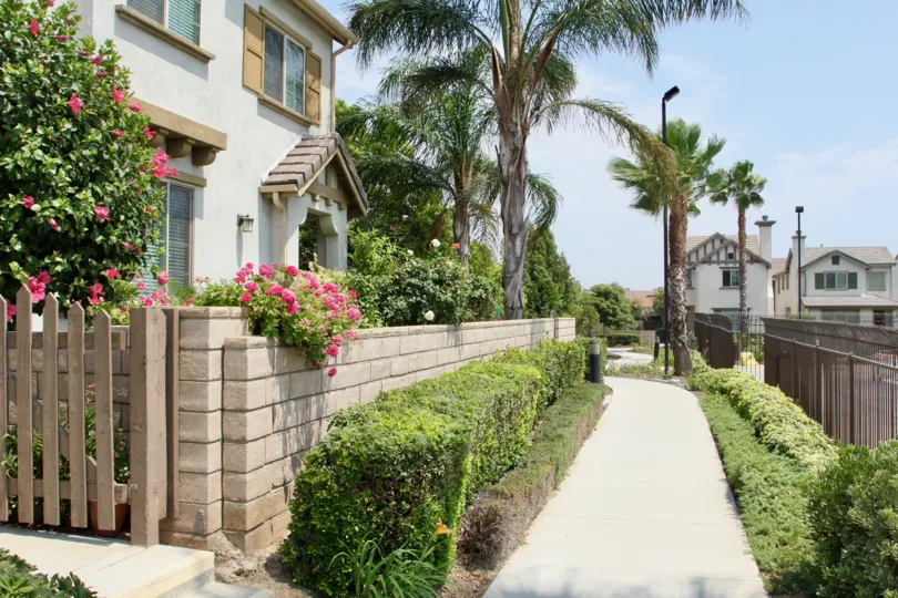 street lamp are placed in front of the house and house are coered with grass and flowers variety