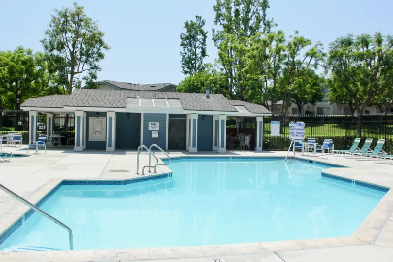 Sunny day at the outdoor pool at the The Gallery community in Corona, California