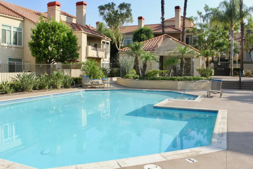 The Terraces at Sierra Del Oro offer a lovely pool and lush vegetation as you relax in the Corona, California sun.