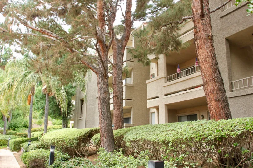 two flags are placed in balcony of house and house iss covered with full of wood tree and grass are placed