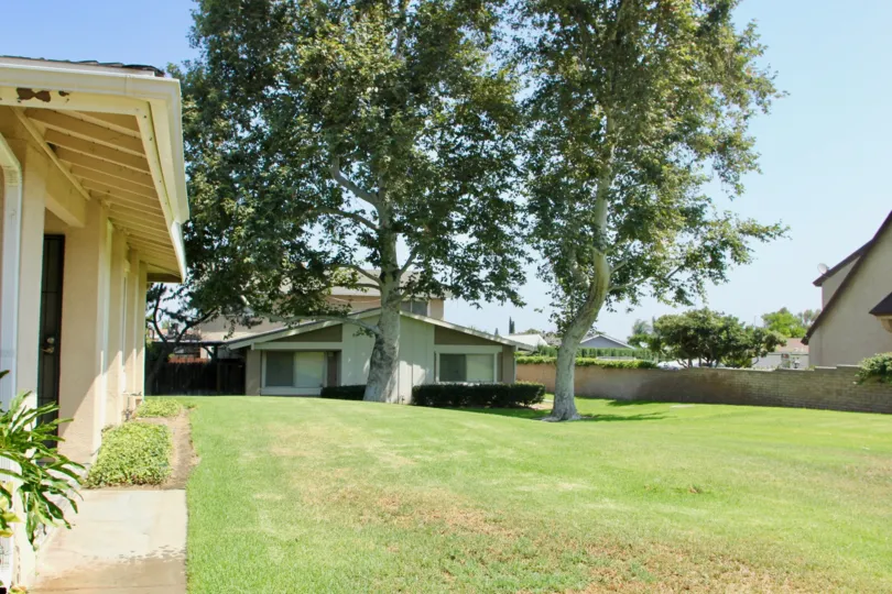 A garden with two trees infront of a house in Village Grove Four Plex community