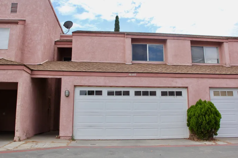 Pink building with large garage and one tree that looks alright but out of place