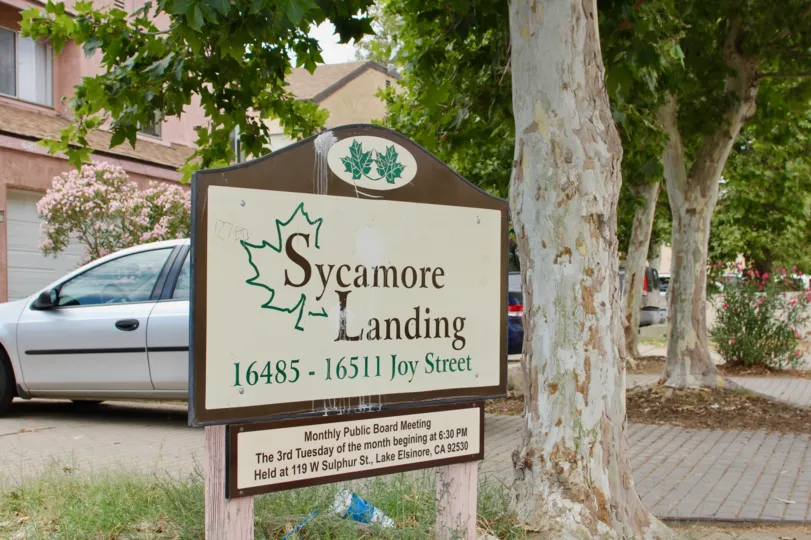 Public advertising sign for Sycamore Landing in lake elsinore California