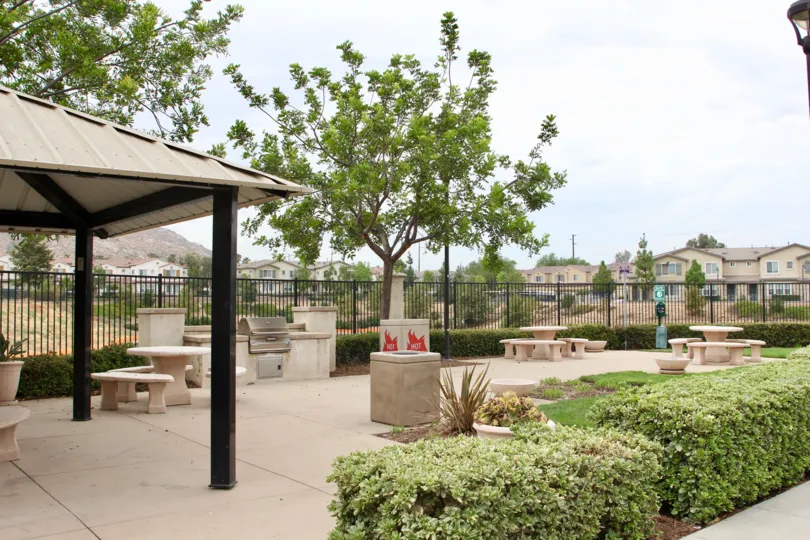 Grilling and picnic patio area with mountain views, landscaped gardens and iron fence