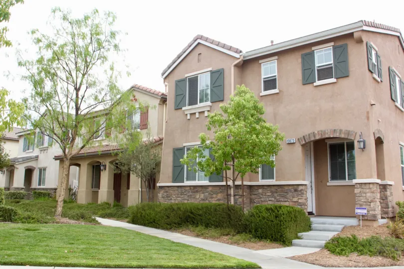 Front view of one storey buildings of Parkside at Towngate, Moreno Valley, California