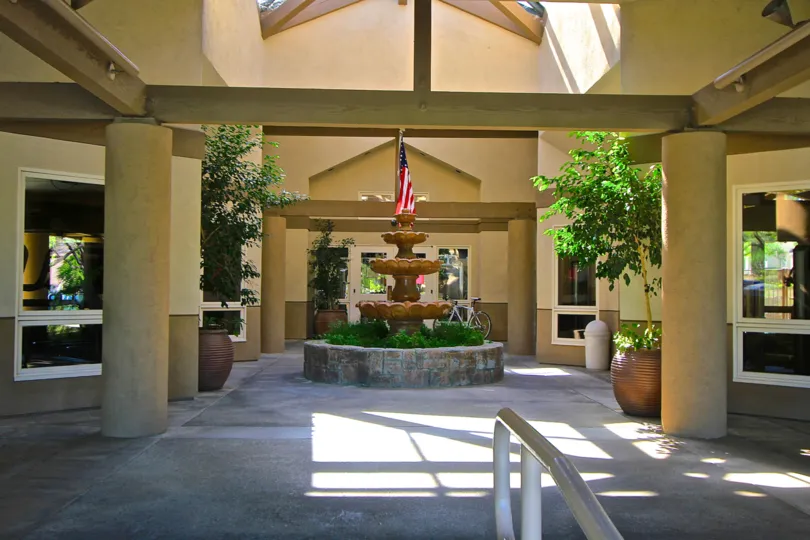 Three-tier water fountain in foyer of Retreat at Bear Creek in Murietta, CA.