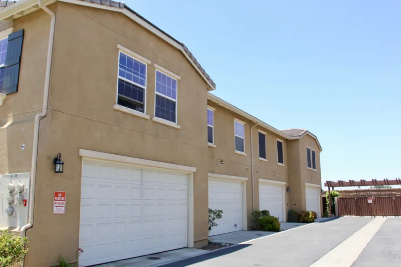 A sunny day at Sonrisa at Murrieta in California with storage garages.