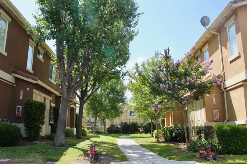 A sunny neighbourhood in Murrieta California showing townhouses