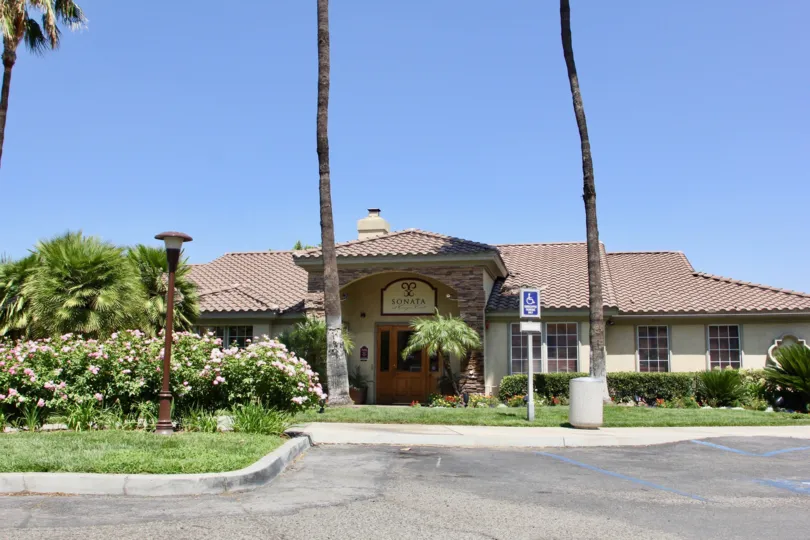 Front view of a bungalow at Sonata at Canyon Crest with it's amazingly beautiful surroundings, Riverside, California