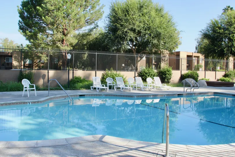 swimming pool is filled with water and chairs are kept and it can be sit and relaxed