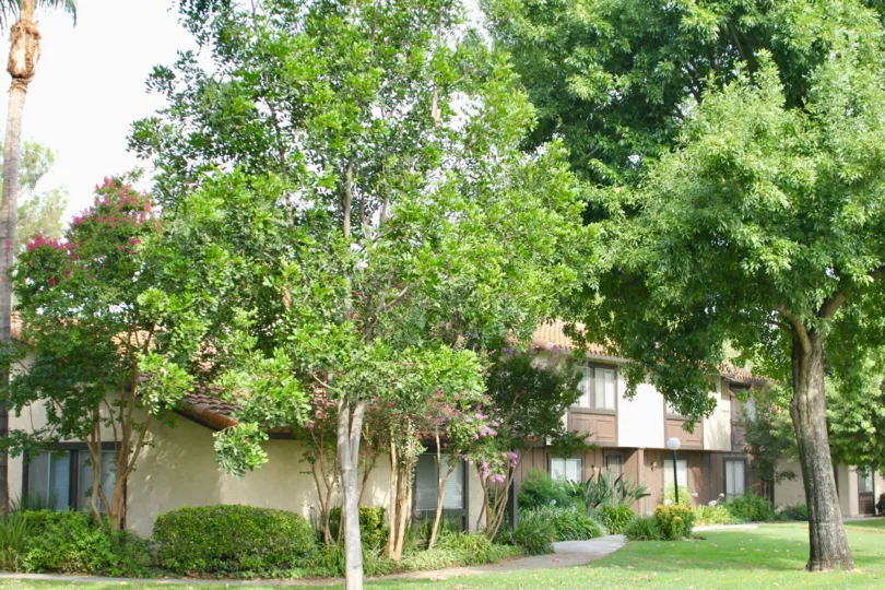 Victoria Village condominiums, surrounded by mature trees, in Riverside, California