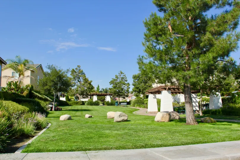 Outdoor pathway and picnic area with rocks, trees and landscaping to enjoy nature