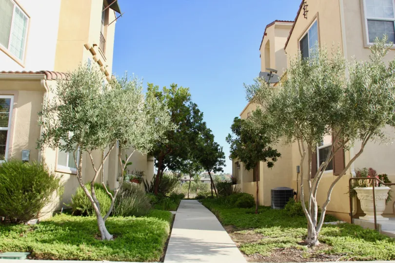 there are two buildings located and it is fully covered with treed and grasses and there is road in between two houses