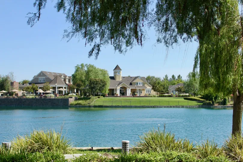 Waterfront view on a beautiful day in the Savannah at Harveston community in Temecula, CA.