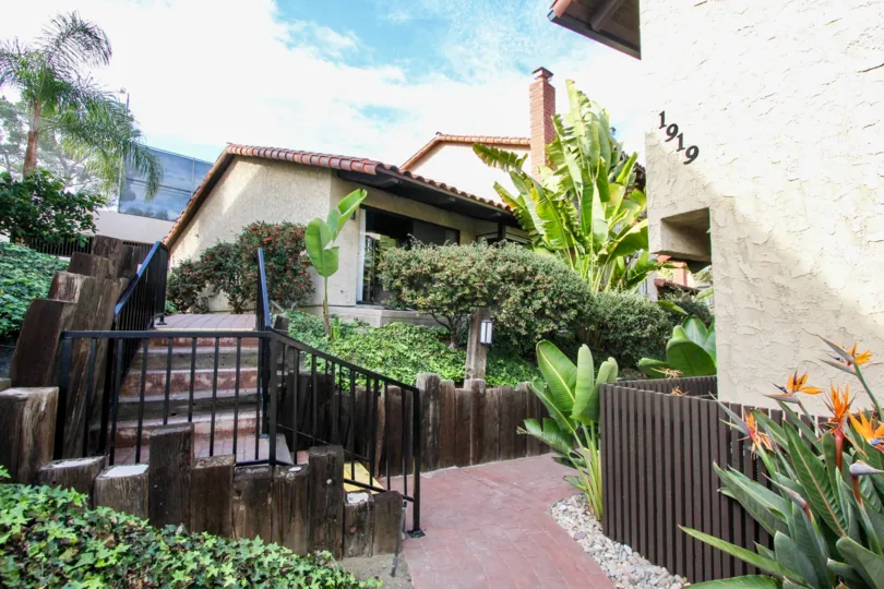 Front garden walkway of home in Casitas de la Costa in Carlsbad, CA