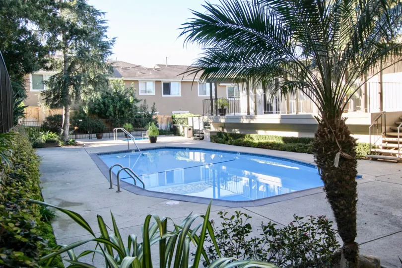 THE BUILDING IN THE COSTA VERDE WITH THE SWIMMING POOL, BALCONI, PLANTS, TREES