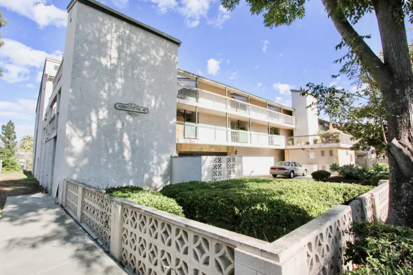A Corner view of the Gibraltar Villas apartment building in Carlsbad California