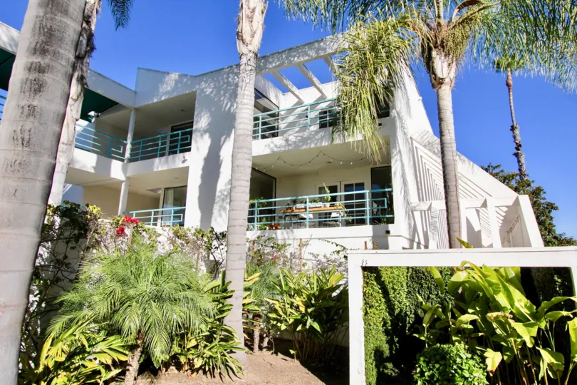 A nice view of the lush gardening around La Costa Greens apartments in Carlsbad California.