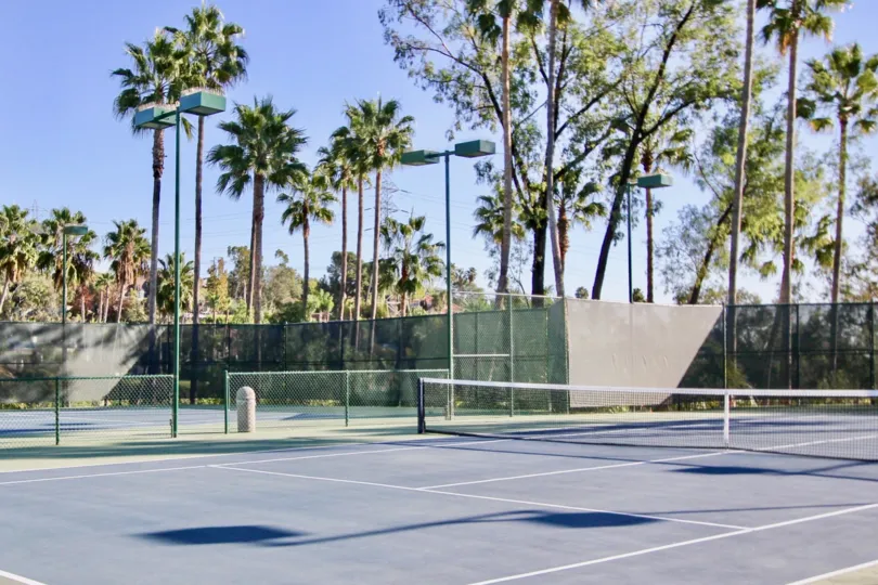 A delux tennis court with high lighting and nets inside Sea Point Tennis Club at Carlsbad CA