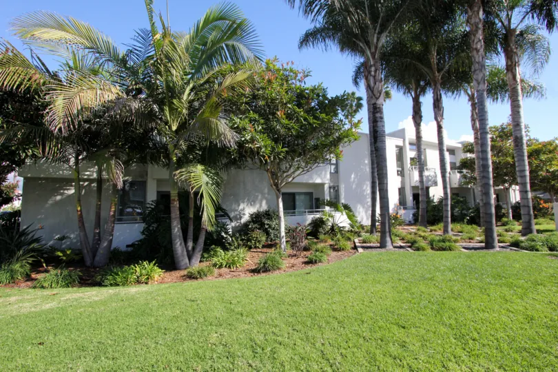 Fabulous view of Green Lawn and palm trees near villas in South Park of Carlsbad
