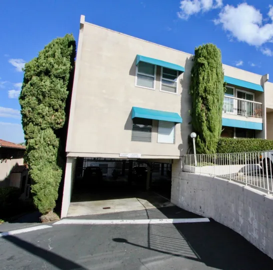 a sunny day in the tres verde with a building that has tall tree to the height of building in front