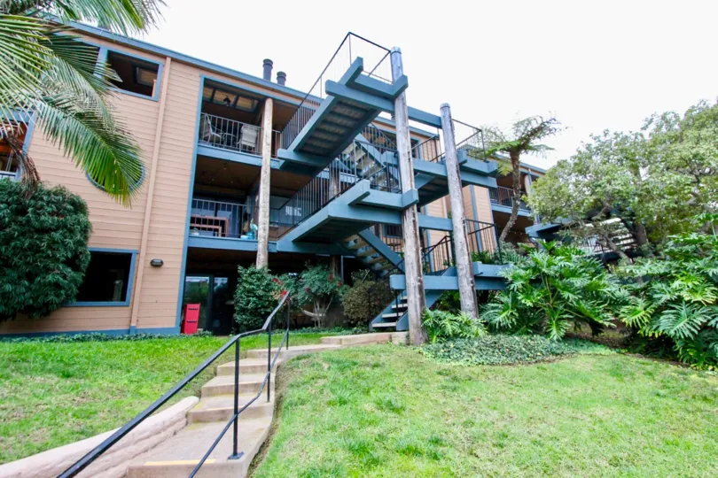 Black metal staircases lead to Windsong Cove apartments.