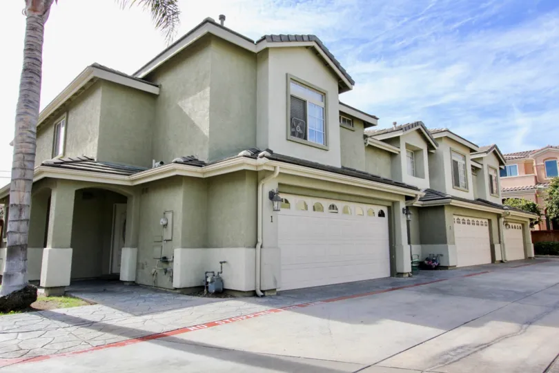 Contemporary styled attached homes with double car garages and flagstone lined walkways in Ada Terrace