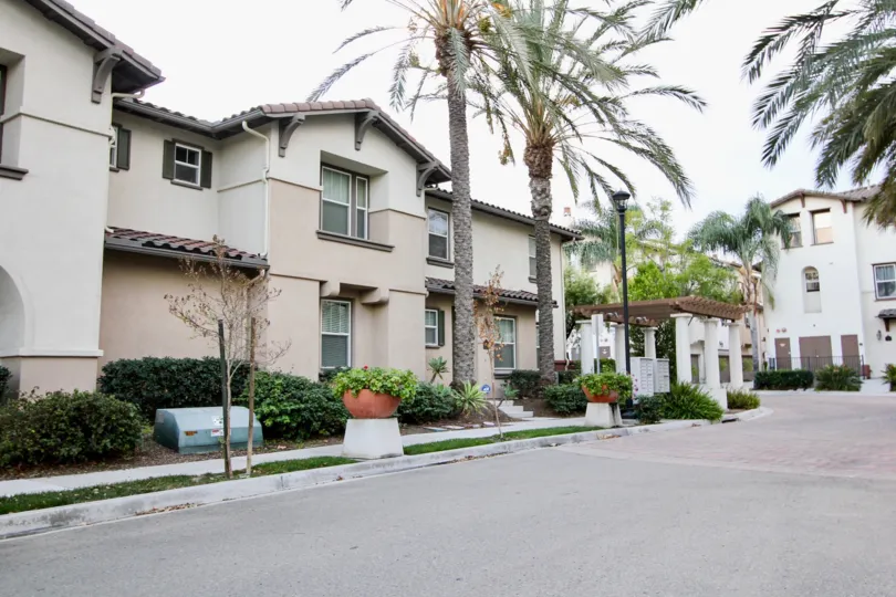 Wide boulevard access road next to mature trees and mail reception in Chula Vista
