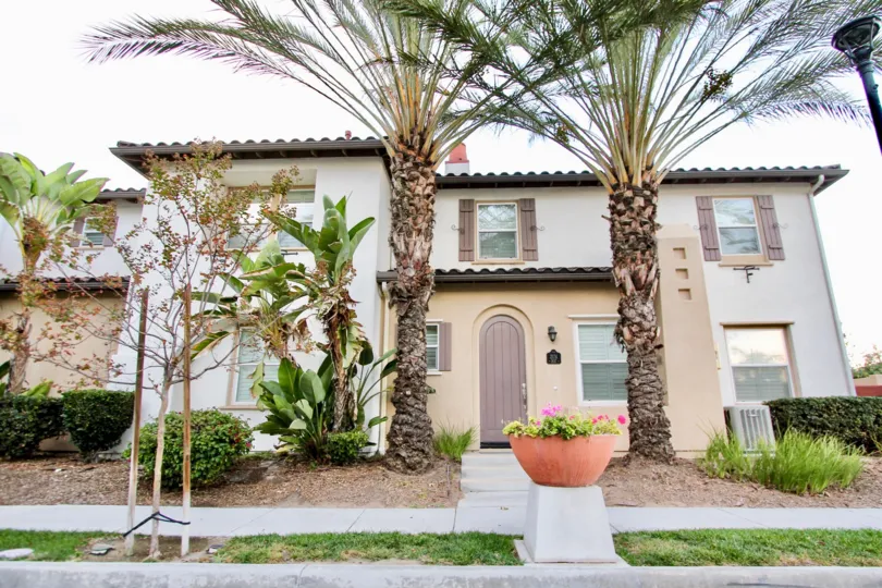 Palm trees stand tall in front of a house in the Agave community of Chula Vista, CA.