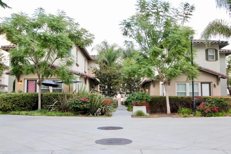 front entrance decorated trees and plants and flowers in Agave
